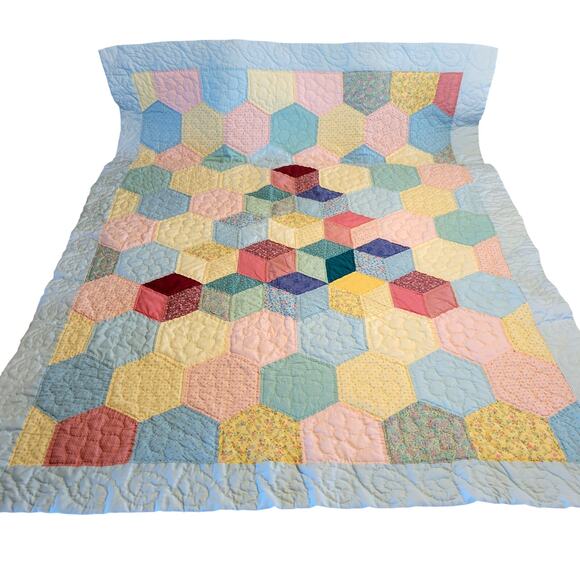 Handmade Hexagon Patchwork Quilt 51x39 Vintage Pastel 1990 Baby Lap Throw - Picture 1 of 16